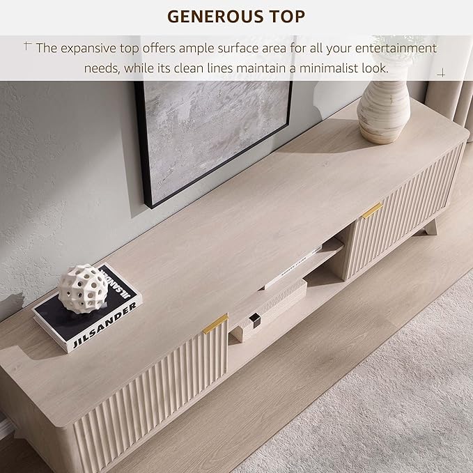 OKD 70" Mid Century Modern Fluted TV Stand, Entertainment Center, Sideboard, Media Console for Living Room with 2 Soft Close Door/Adjustable Shelves (Alder White)