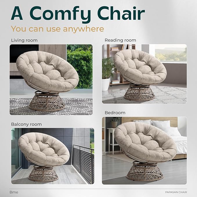 Bme 40" Ergonomic Wicker Papasan Chair with Soft Thick Cushion & Frame, 360° Swivel, Circle, Reading, Comfy Chair for Living Room, Bedroom
