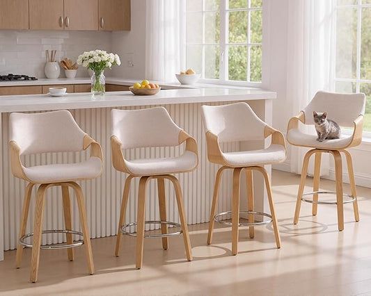 26’’ Modern Barrel Swivel Counter Stools Counter Height Swivel Bar Stools with Backs Set of 4, Beige Chenille Upholstered Bar Height Island Chairs, Farmhouse Solid Wood Barstools for Kitchen Island