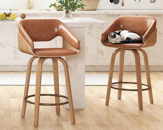 HNY 26 Inch Swivel Bar Stools with Back Set of 2, Brown Faux Leather Upholstered Counter Height Barstools with Solid Bentwood Frame, Round Footrest, Modern Barrel Counter Stools for Kitchen Island