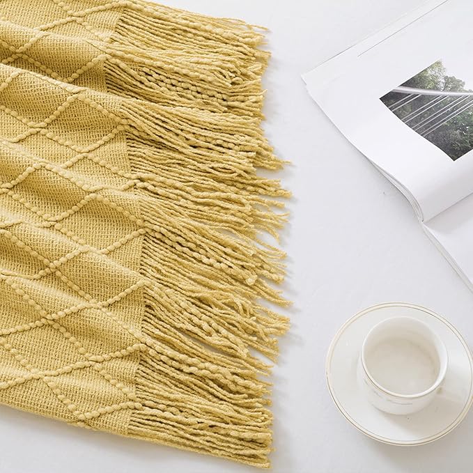 BOURINA Mustard Throw Blanket 50x60 Inches Throw Textured Solid Soft Sofa Couch Decorative Knit Blanket