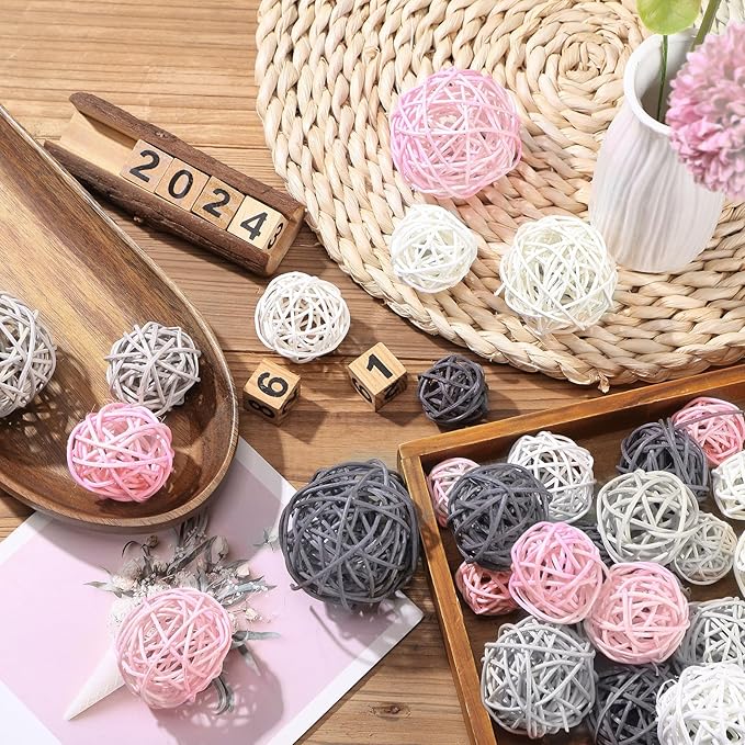 Patelai 36 Pcs Wicker Rattan Balls Decorative Balls for Vase Centerpiece Bowls Orbs Filler for Home Decor,4 Sizes(White, Pink, Light Grey, Dark Grey)