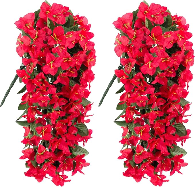Bougainvillea Artificial Hanging Flowers Plants for Outdoors Decoration, 2pcs Fake Flowers Silk Bougainvillea Vines Realistic UV Resistant Faux Flowers for Outdoor Planters Porch Patio, Red