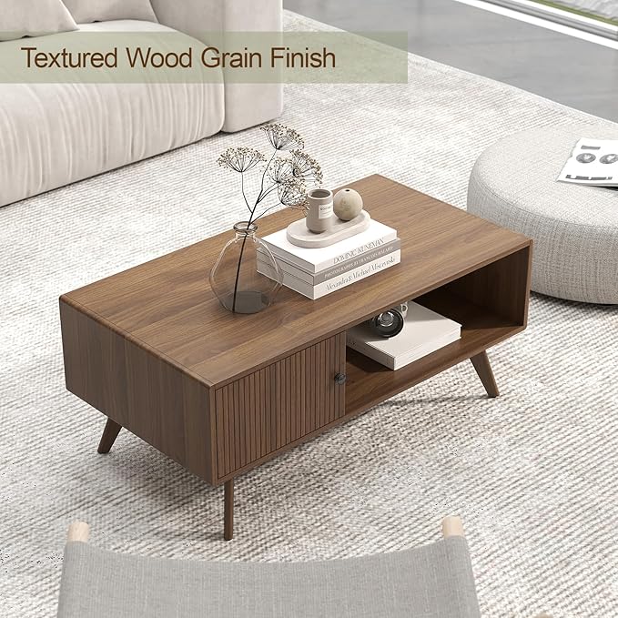 Mid Century Modern Coffee Table with Storage, Walnut Wood Center Table with Cabinet & Open Shelf, Retro Accent Furniture for Living Room & Small Spaces