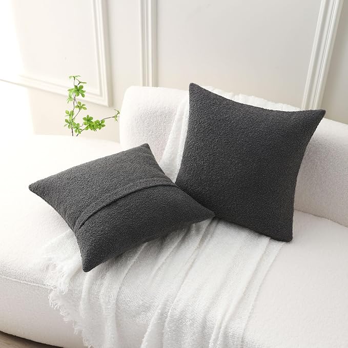 FUTEI Pack of 2 Dark Grey Decorative Throw Pillow Covers 22x22 Inch Soft Cozy Solid Boucle Textured Cushion Case,Modern Home Decor for Couch Bed Living Room