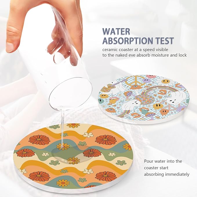 Table Coaster for Drinks Set of 6, Retro 70s Colorful Groovy Round Ceramic Coasters,with Cork Base and Metal Holder,Great Housewarming Birthday Gifts,Home Decor