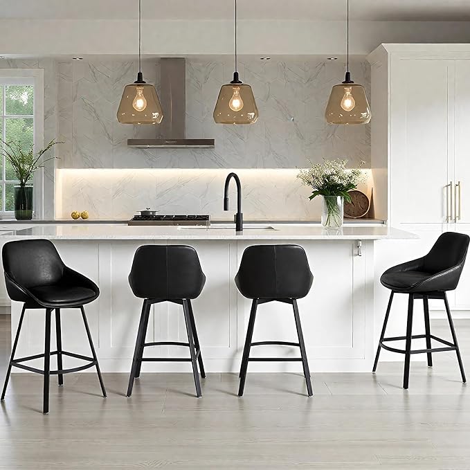 Zesthouse Swivel Counter Height Stools Set of 4, Modern Upholstered Barstools with Backs, 26'' Faux Leather High Chairs for Island Kitchen, Counter Height Chairs with Metal Legs, Black