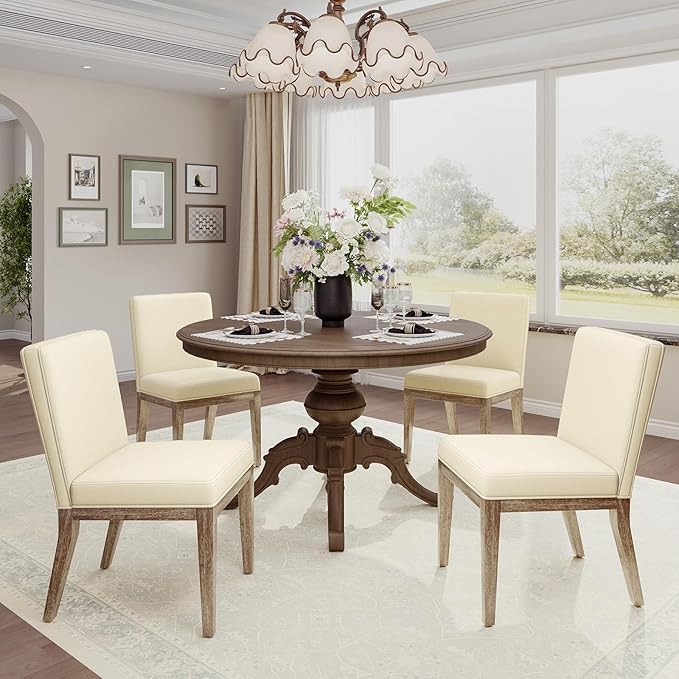 Wooden Dining Chairs Set of 4, Modern Fabric Upholstered Dining Room Chair, Kitchen Side Chairs, Farmhouse Dinner Chair with High Back for Kitchen, Beige