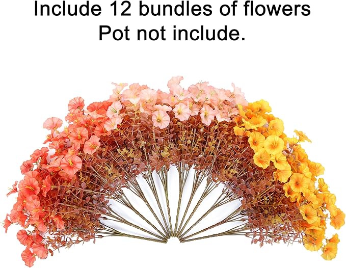Fake Mums Fall Artificial Flowers Plants for Outdoors Autumn Decoration, 12 Bundles Silk Morning Glory with Eucalyptus Realistic UV Resistant Faux Mums for Outside Planter Yard Garden Home Indoor, Mix