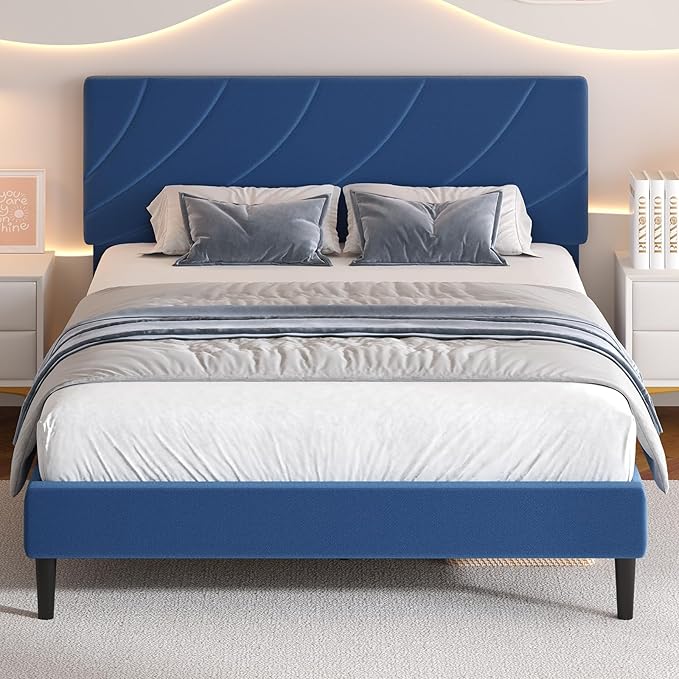 HOMBCK Full Size Bed Frame with Adjustable Headboard, Full Bed Frame with Linen Fabric Upholstered and Wooden Slats Support, No Box Spring Needed, Noise-Free, Easy Assembly, Blue