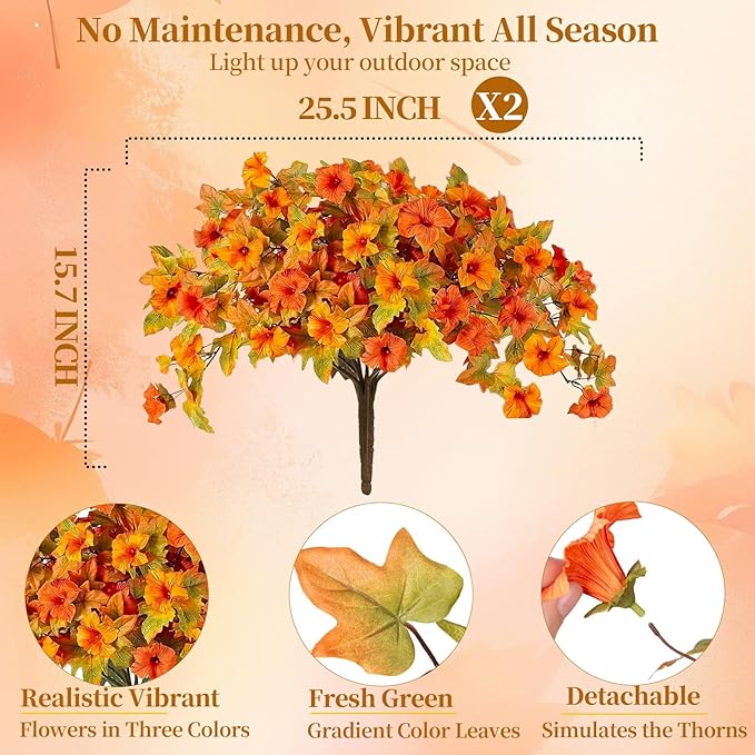 Artificial Fall Fake Flowers Plants for Outdoor Decoration,2 Pcs No Fade Faux Petunias,UV Resistant Realistic Autumn Silk Flowers,for Home Garden Balcony Yard Porch Deco (Orange Yellow)