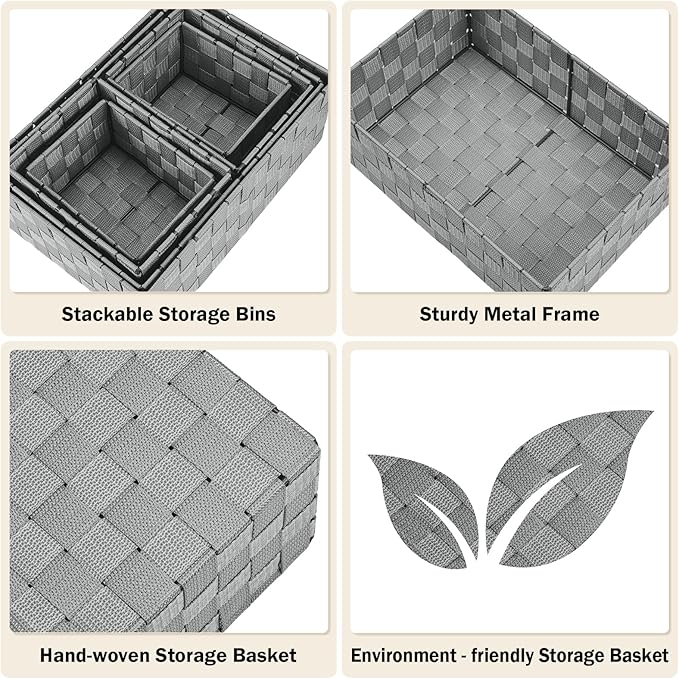 Woven Storage Baskets, Storage Bins, Cube Basket Container Baskets Storage Boxes Organizers for Clothes /Shelves/ Closet, Set of 6 (Grey)