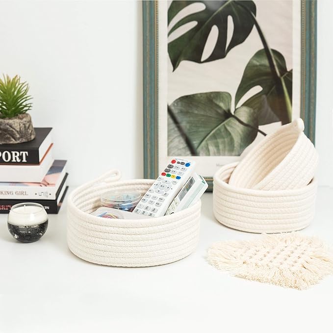 MINTWOOD Design Set of 3 Cotton Rope Nesting Bowls, Small Catch All Basket, Cute Closet Baskets and Bins for Shelves, Mini Table Basket Organizer for Small Accessories