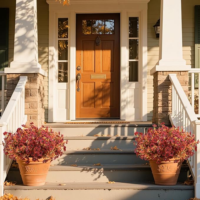 SHareconn 48 Bundles Artificial Fall Flowers for Outdoors Decoration, UV Resistant Silk Eucalyptus Lavender Faux Autumn Fake Plants for Outside Indoor Garden Yard Porch Home Decor, Orange Brown