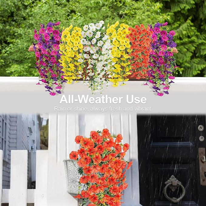 Artificial Flowers for Outdoors Decoration, 4Pcs Fake Hanging Flowers Morning Glory UV & Fading Resistant, Artificial Faux Plants Deocr for Home Porch Patio Balcony Planter Yard Garden Farmhouse