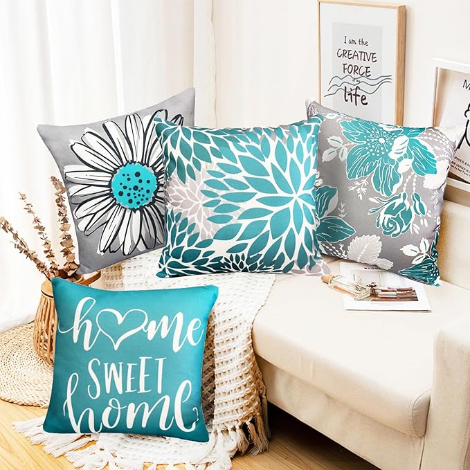 Teal Pillow Covers 16x16 inch Set of 4 Decorative Throw Pillow Covers for Couch Sofa Outdoor Throw Pillow Cover Farmhouse Cushion Linen Pillow Case Living Room Home Boho Modern Decor