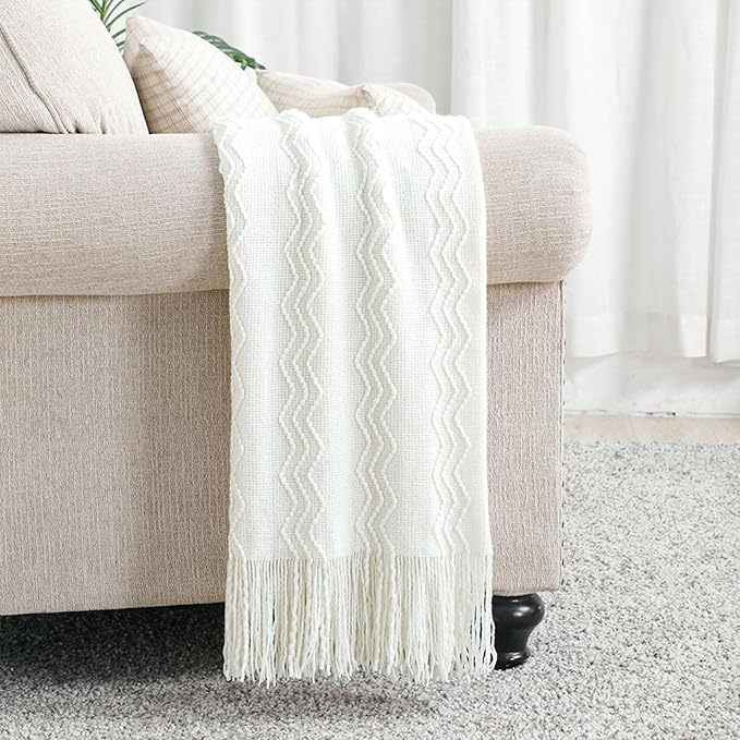BOURINA Off White Throw Blanket 50x60 Inches Throw Textured Solid Soft Sofa Couch Decorative Knit Blanket