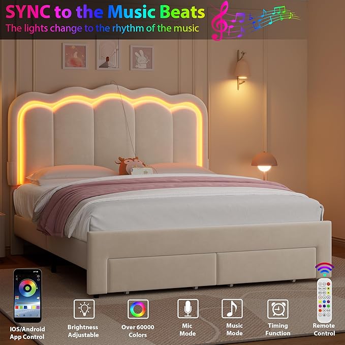 Full Upholstered LED Bed Frame with 2 Storage Drawers and Adjustable Chic Double Wavy Headboard, Velvet Princess Platform Bed with Charing Station, Solid Wood Slats Support,No Box Spring Needed,Beige