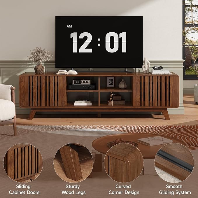 ONBRILL 70-Inch TV Stand for TVs up to 80 Inch, Mid-Century Modern Television Stand with Power Outlet， Entertainment Center with Sliding Grille Door Cabinets and Open Shelves for Living Room, Walnut