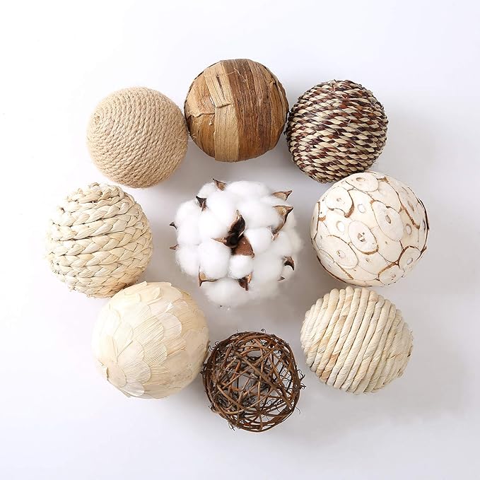 Assorted Decorative Spherical 9pcs Brown White Orbs Natural Twig Rattan Woven Cotton Balls for Vase Bowl Filler Tabletop Decor