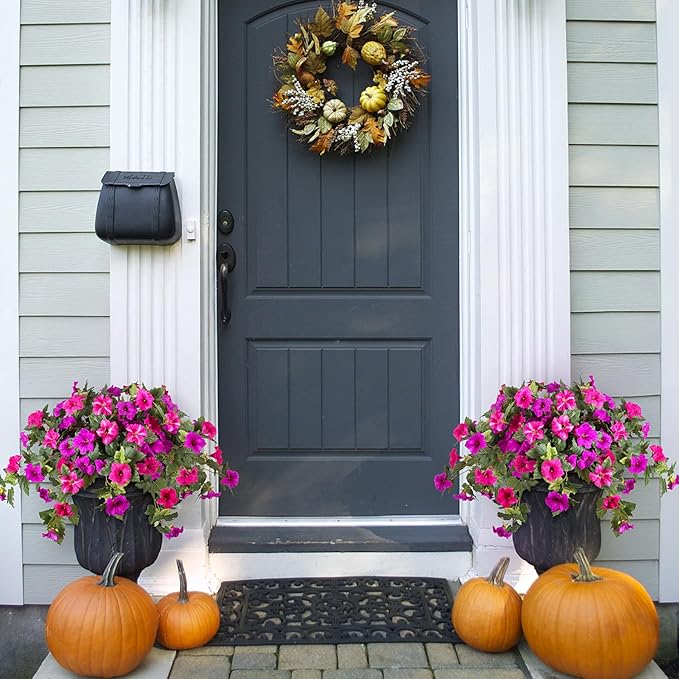 Artificial Faux Flowers Planter for Outdoor Decoration, 2PCS Fake Silk Petunias Flowers, No Fade UV Resistant Flower for Outside Garden Porch Yard Balcony Patio Realistic Indoor Decor(Fuchsia)