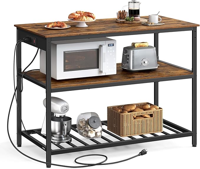 VASAGLE Kitchen Island with 3 Shelves, 47.2 Inches Width Kitchen Shelf with Power Strip, Large Worktop, Stable Steel Structure, Industrial, Easy to Assemble, Rustic Brown and Black UKKI101K01