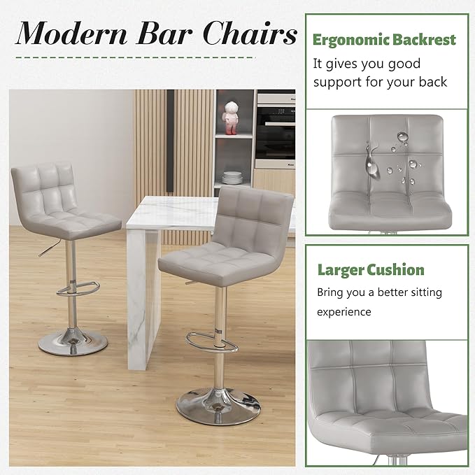 Modern PU Leather Bar Stools Set of 6, Adjustable Swivel Square Bar Chairs, Armless Counter Height Barstools with Back and Large Base for Island/Kitchen(Gray)