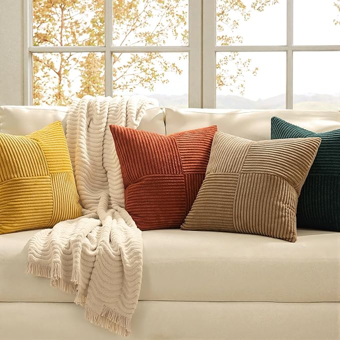 MIULEE Green Rust Throw Pillow Covers 20x20 Inch Set of 4 Boho Farmhouse Soft Corduroy Striped Cushion Cases Decorative Color-Clash Home Decor for Couch Sofa Living Room Bed