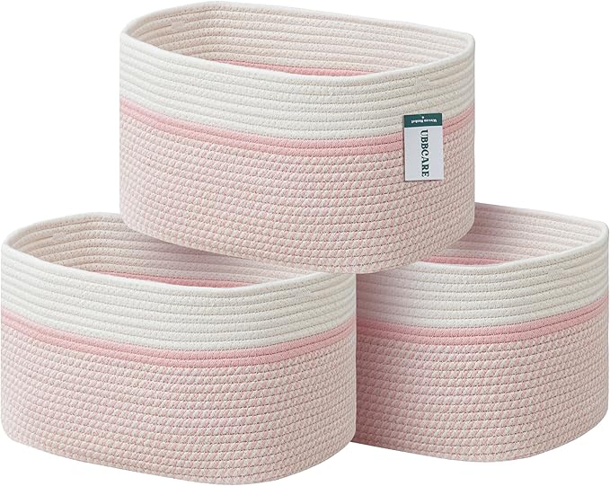 UBBCARE 3-Pack Woven Rope Shelf Baskets - 15x10x9in Decorative Storage Basket for Toys, Kids Playroom, Closet Organization & Cube Storage Organizer | Gift Basket Empty, Off White/Mixed Pink