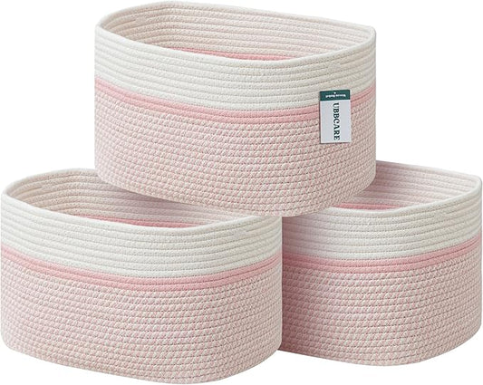UBBCARE 3-Pack Woven Rope Shelf Baskets - 15x10x9in Decorative Storage Basket for Toys, Kids Playroom, Closet Organization & Cube Storage Organizer | Gift Basket Empty, Off White/Mixed Pink