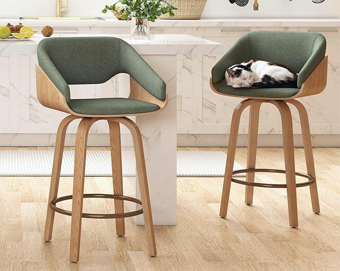 HNY 26 Inch Swivel Bar Stools with Back Set of 2, Green Linen Upholstered Counter Height Barstools with Solid Bentwood Frame, Round Footrest, Modern Barrel Counter Stools for Kitchen Island, Home Bar