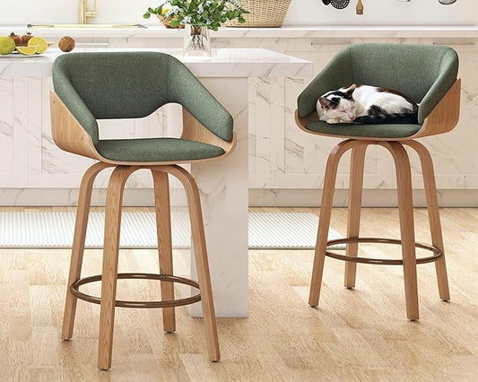 HNY 26 Inch Swivel Bar Stools with Back Set of 2, Green Linen Upholstered Counter Height Barstools with Solid Bentwood Frame, Round Footrest, Modern Barrel Counter Stools for Kitchen Island, Home Bar