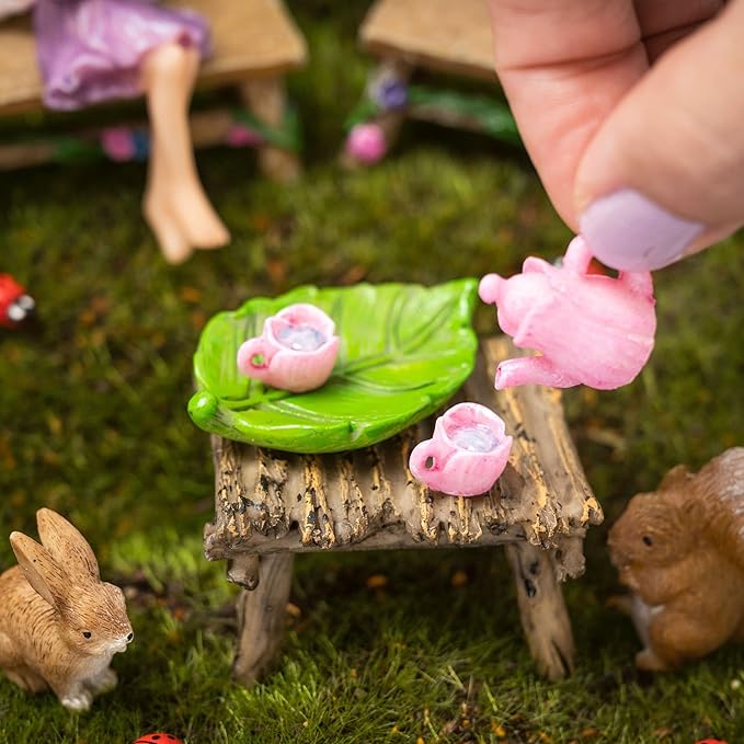 PRETMANNS Fairy Starter Kit with Accessories for Indoor Outdoor Miniature Garden – Adorable Figurine with Furniture, Squirrel, Bunny & Tea Set – 14 Piece Hand-Painted Resin Set