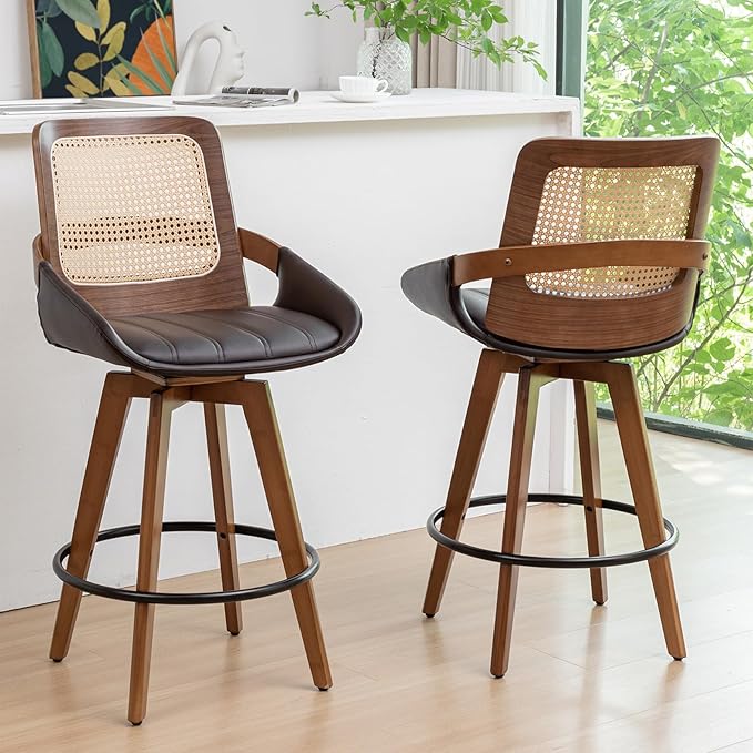 Set of 2 Bar Stools Counter Height - 26.4 inch Swivel Walnut Counter Stools with Cane Back, Upholstered Seat, Curved Arms, Rattan Counter Stools for Island/Pub/Kitchen/Cafe (26" Seat Height, Brown)