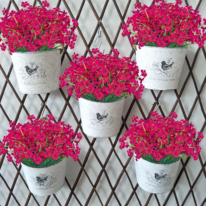 Lnoicy 24 Pcs Artificial Flowers for Outdoor,Plastic Flowers Decoration, UV Resistant Faux Flowers Shrubs, Artificial Plants for Indoor Outside Garden Home Wedding Farmhouse(Rose Red)