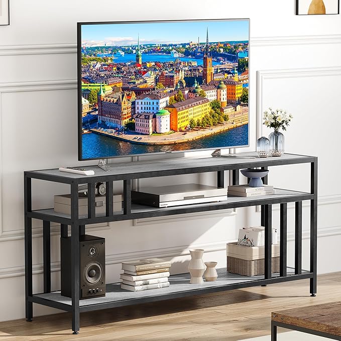 Garvee 58" TV Stand for Television up to 65 Inch, Entertainment Center with 3-Tier Open Shelves, TV Media Console Table Quadruple-Tube Support for Living Room, Entryway, Grey
