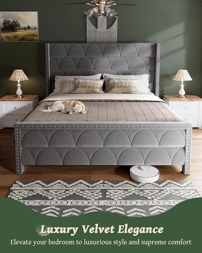 King Size Bed Frame with 56" Headboard - 1000LBS Capacity Support, Velvet Upholstered Wingback Platform Bed Frame, Noise Free, Sturdy Wooden Slat Support