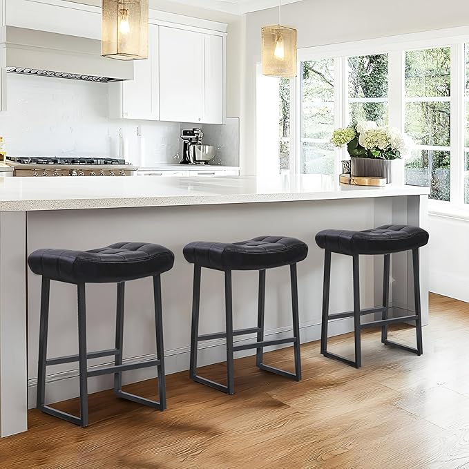 Black Modern Bar Stools Set of 6 for Kitchen Counter 24 inch Counter Height Backless Barstools with Upholstered Faux Leather Saddle Seat and Metal Frame Industrial Bar Chairs