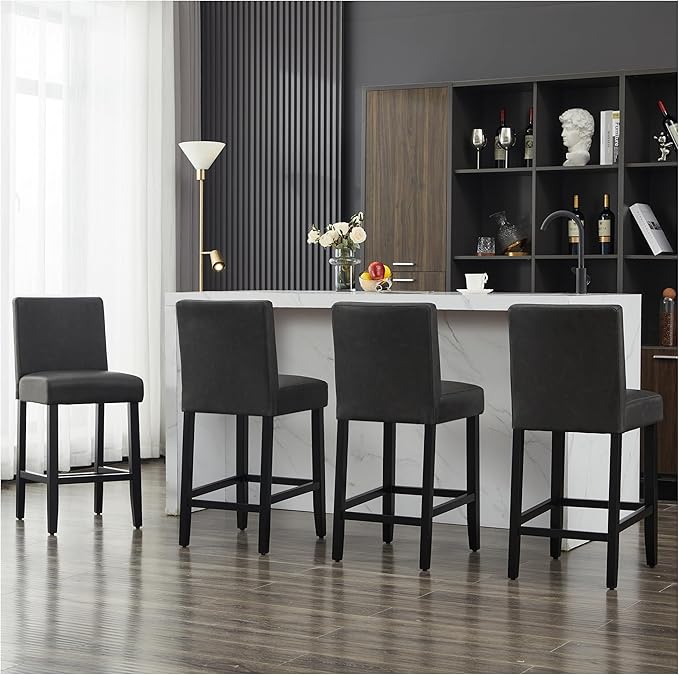 26'' Faux Leather Bar Stools Set of 2, Modern Upholstered Bar Height Bar Chairs, Soild Wood Legs Barstools with Back, Black