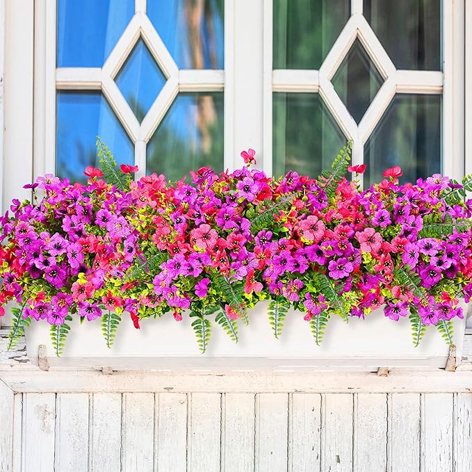 Artificial Faux Plants Flowers Outdoor Decoration,16 Bundles Fake Silk Colorful Daisy Eucalyptus Realistic UV Resistant for Outside Home Planter Porch Patio Yard Decor (Purple Red)