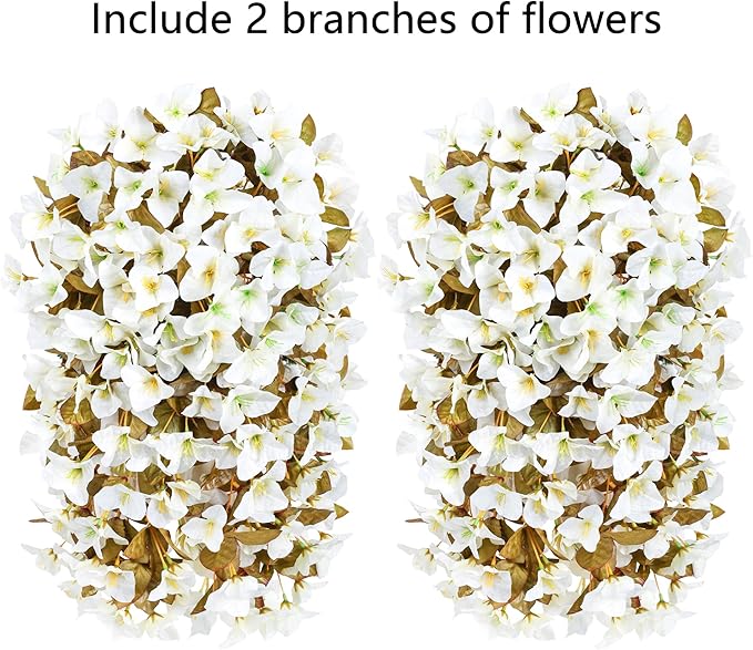 Bougainvillea Artificial Fall Hanging Flowers Plants for Outdoors Autumn Decoration, 2pcs Faux Bougainvillea Vines White Fake Flowers Realistic UV Resistant Silk Flowers for Outside Planter Yard Home