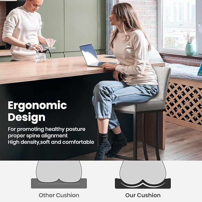 PHI VILLA Light Grey Bar Stools Set of 2, Faux Leather Counter Height Chairs, Kitchen Stools for Island, 24 Inch Barstools with Back