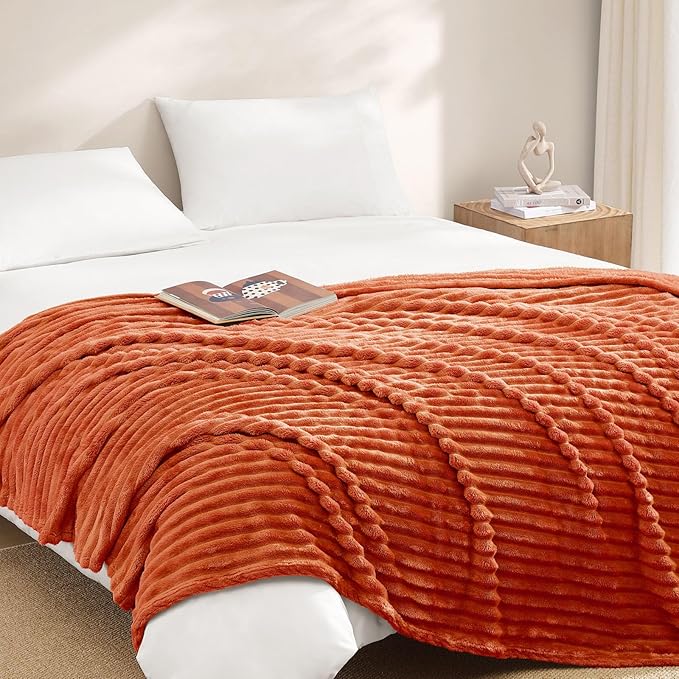 Geniospin Fleece Throw Blanket, Flannel Extra Soft Lightweight Blanket with Strip, Plush Fuzzy Cozy Blankets and Throws for Couch, Bed, Warm and Breathable(Terracotta, 60"x80")