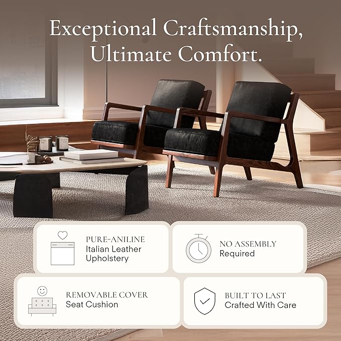 POLY & BARK Verity Leather Accent Chair – Armchair with Walnut Wood Frame – Fashion-Forward Lounge Seating for Living Room – Upholstered in Onyx Black Leather for Modern Style