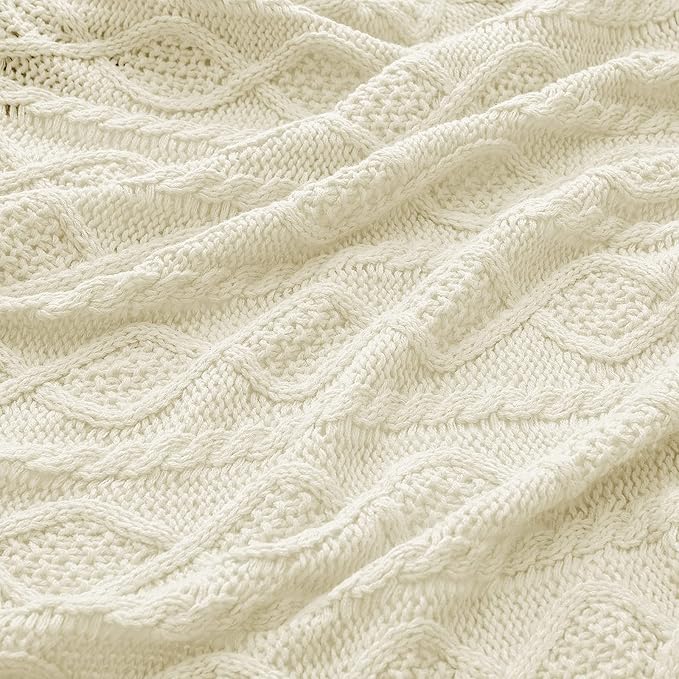 Homiest Cable Knit Throw Blanket & Pillow Set, Cream White Set of 3, Knitted Blanket (50"x60") & 2 Pillow Covers (18"x18"), Soft & Cozy Decorative Set for Couch, Bed, Sofa