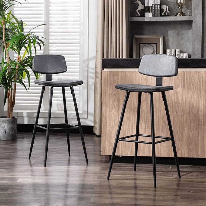 Modern Bar Stools 29 Inch Counter/Bar Height Barstools Set of 2 Leather Upholstered Barstool Chairs with Low Back for Kitchen Island, Dining Table & Breakfast Bar, Black