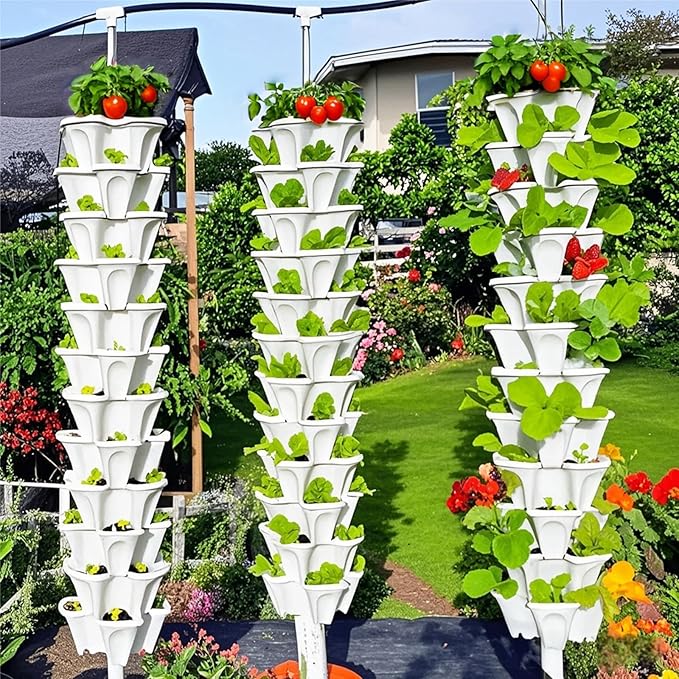 Strawberry Planters, 7 Tiered Vertical Stackable Planter, Herb Stacking Tower Garden, Flower and Vegetable Planters with Support Pole Indoor and Outdoor with Removable Wheels - White