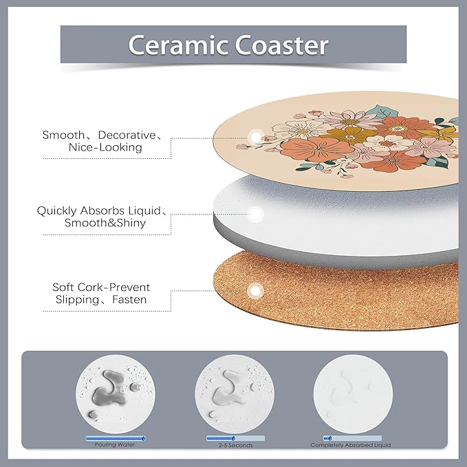 6 Pcs Coasters for Drinks with Holder,Retro 70s 60s Floral Hippie Flowers Absorbent Coaster with Cork Backing,Great Gift for Housewarming,Room Decor,Bar,Holiday Party