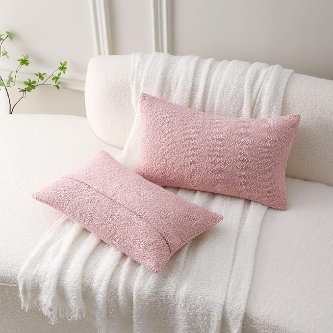 FUTEI Pack of 2 Pink Decorative Throw Pillow Covers 12x20 Inch Soft Cozy Solid Boucle Textured Lumbar Pillow Cases,Modern Home Decor for Couch Bed Living Room