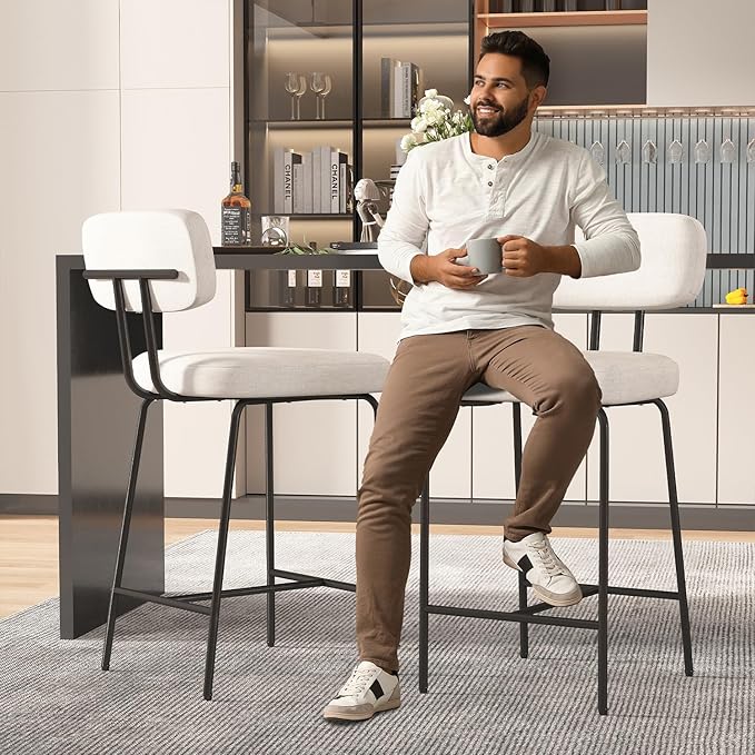 Counter Height Bar Stools Set of 4, 26" Fabric Kitchen Bar Stools with Back, Counter Barstools with Metal Legs, Bar Chairs for Kitchen Island, White